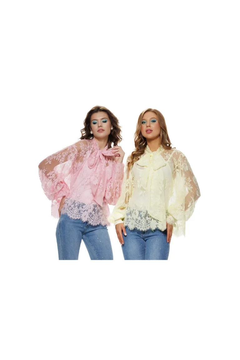 Bluza dama eleganta roz din dantela premium de bumbac cu mansete late esarfa si terminatii ondulate picture - 3