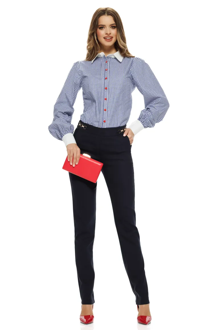 Camasa dama office Fofy din bumbac bleumarim cu fundite decorative si nasturi rosii picture - 3