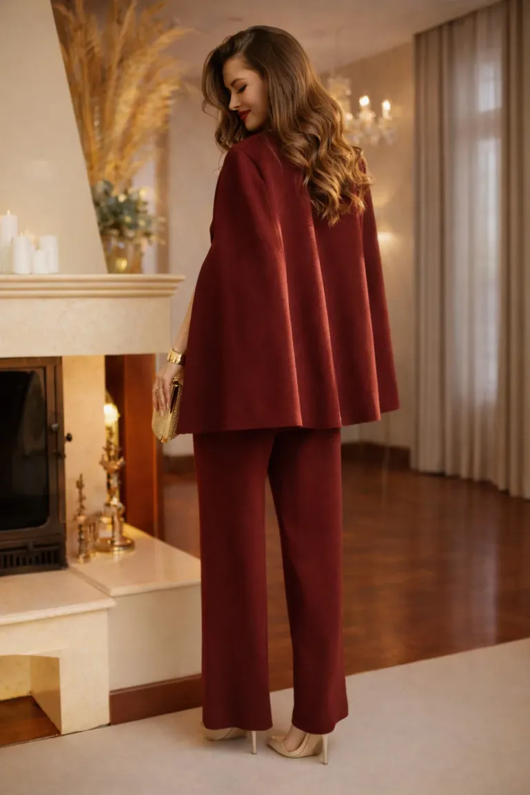 Compleu dama elegant burgundy din tricot premium jacheta tip capa  nasturi aurii curea si pantaloni picture - 3
