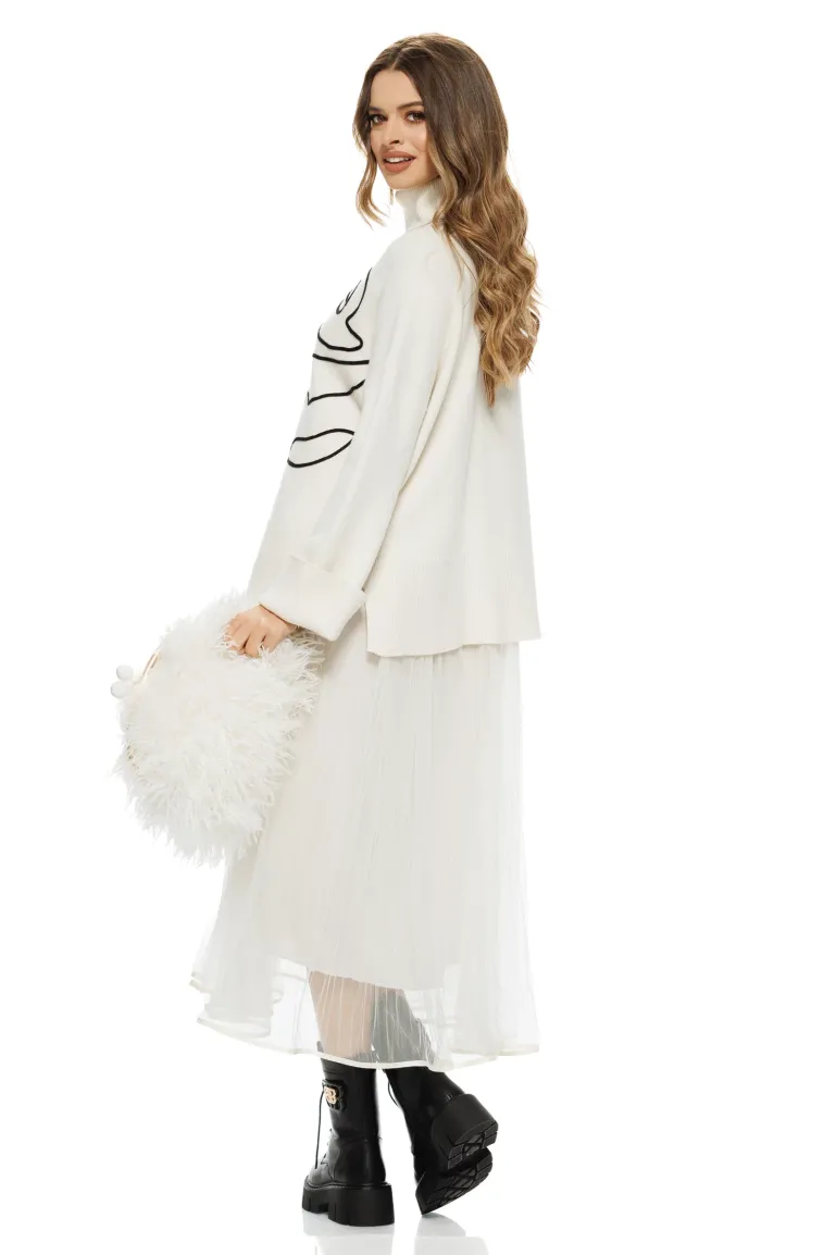 Compleu dama elegant crem cu angora pulover pe gat cu trandafir si rochie cu fusta de tull plisat bordurata picture - 2