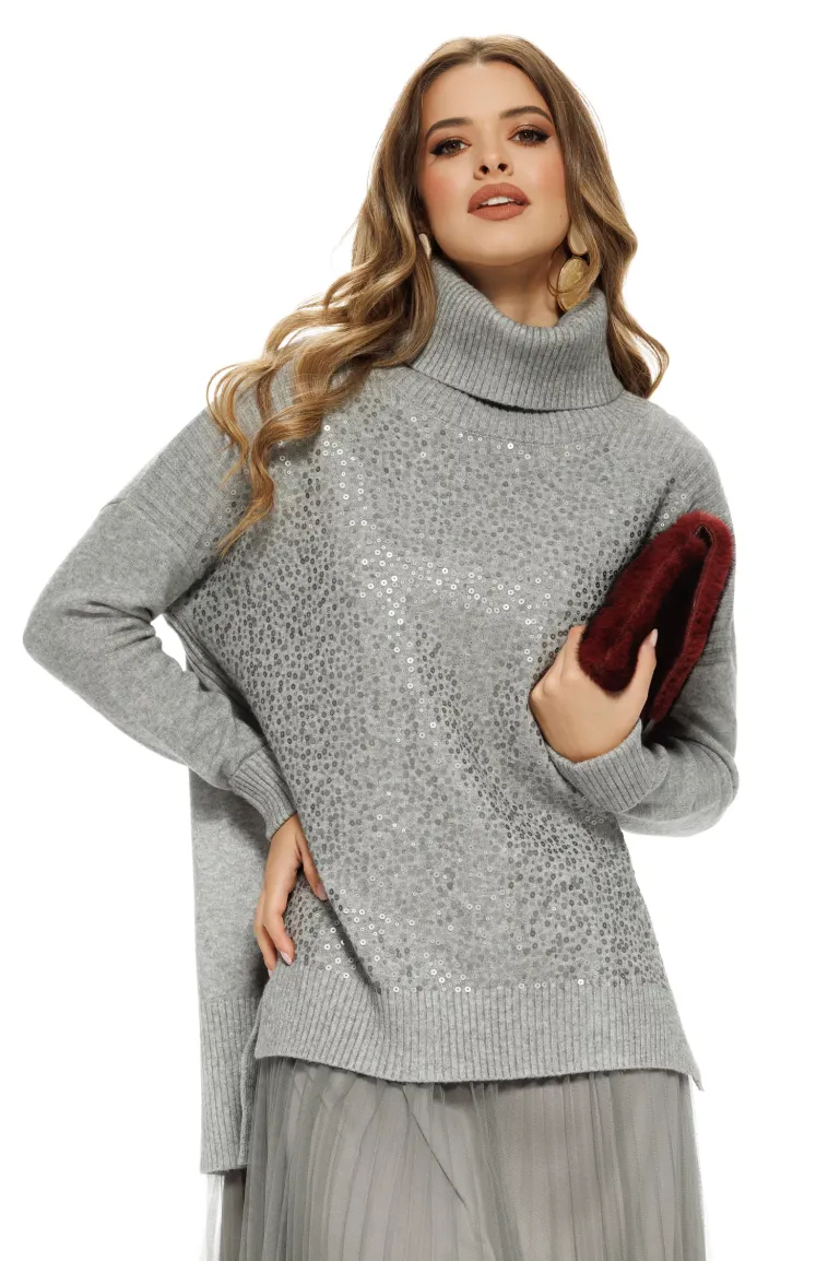 Compleu dama elegant gri cu angora pulover cu paiete si rochie cu fusta de tul plisat picture - 2