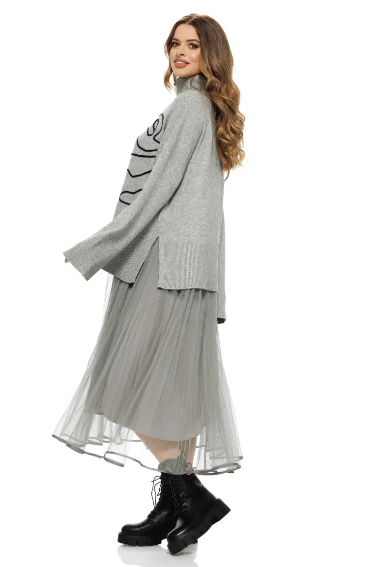 Compleu dama elegant gri cu angora pulover pe gat cu trandafir si rochie cu fusta de tull plisat bordurata picture - 2