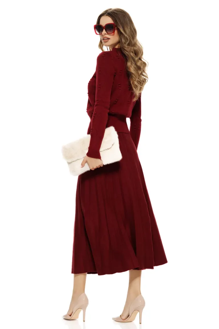 Compleu dama tricotat premium bordo cu fusta midi plisata si pulover cu buline structurate picture - 2
