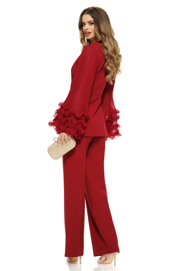 Compleu elegant spectaculos bordo cu pantalon drept si sacou cu maneci diafane cu volane nasturi maxi aurii picture - 2