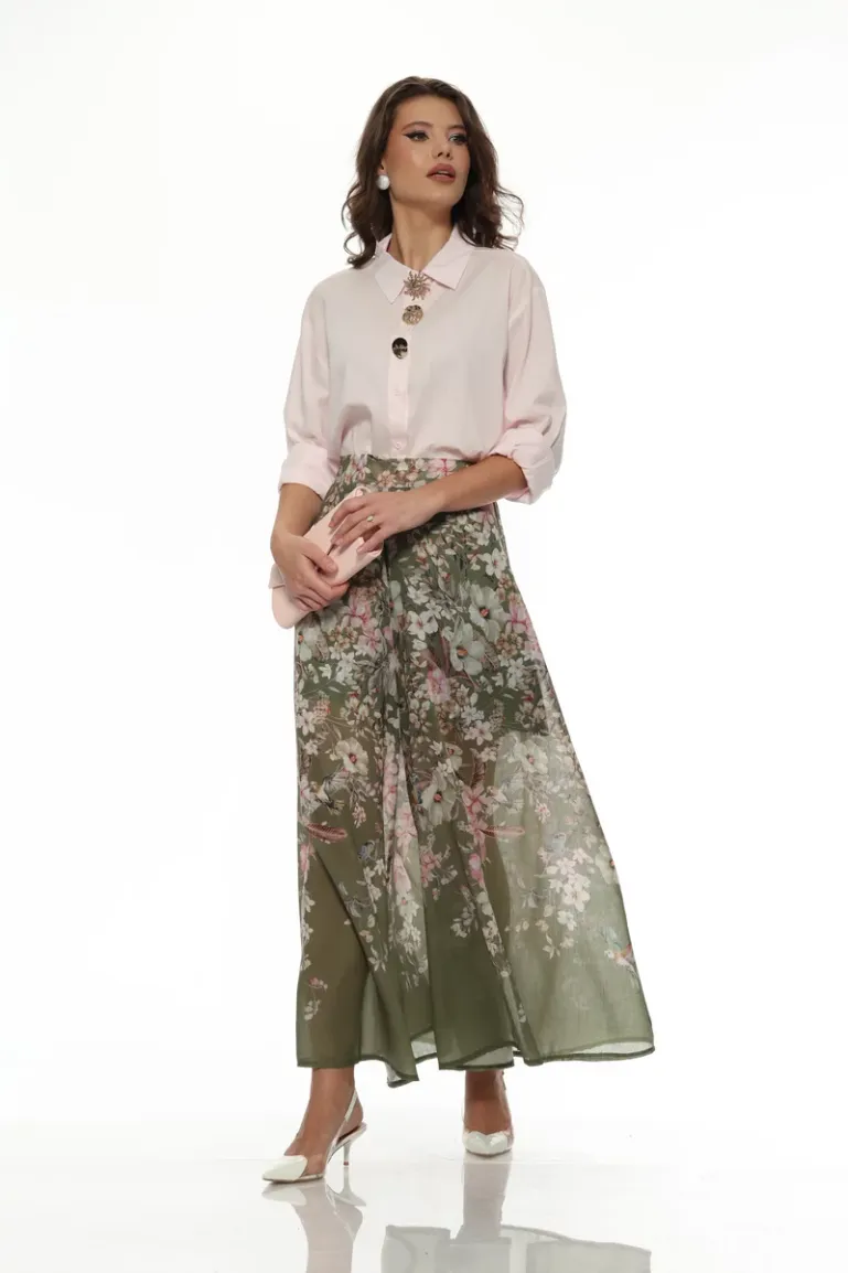 Pantaloni dama premium largi olive cu imprimeu floral din matase de tencel cu in picture - 6