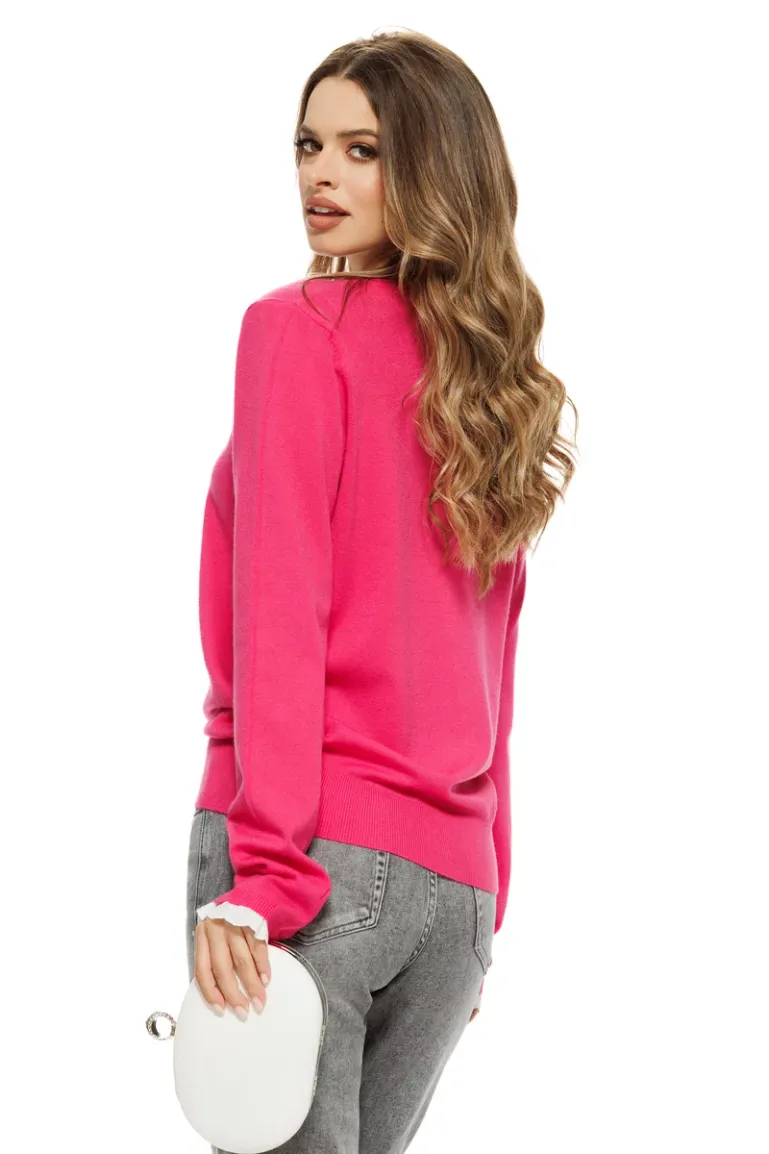 Pulover dama elegant roz ciclame premium din casmir bumbac si volanase de dantela alba picture - 2