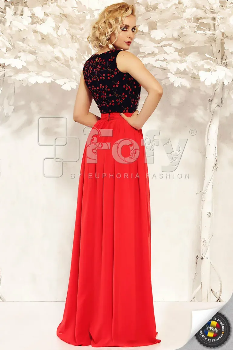 Rochie  Fofy de ocazie roșie lungă cu despicătură și broderie cu floricele 3D picture - 2