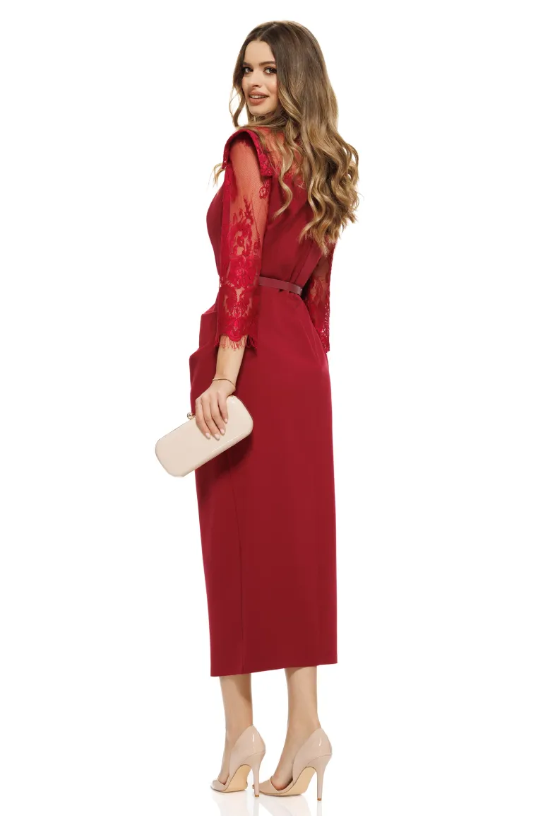 Rochie eleganta de ocazie aplicatii de dantela umeri structurati si curea picture - 2