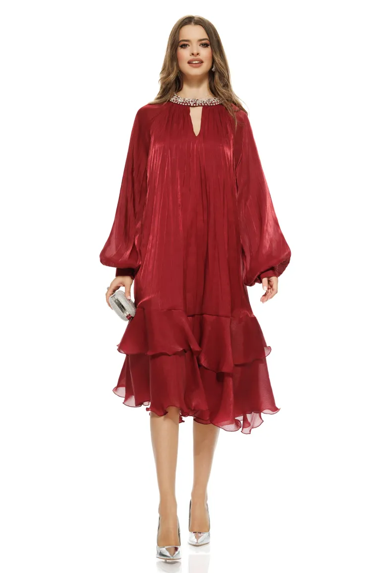 Rochie eleganta de ocazie din voal satinat bordo premium cu aplicatii de cristale picture - 3