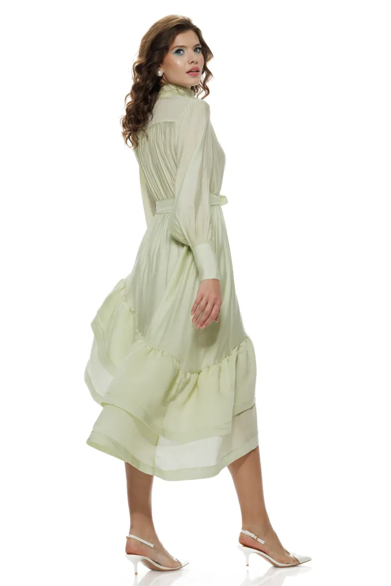 Rochie eleganta fistic din organza premium fusta asimetrica cu volane intarite picture - 3