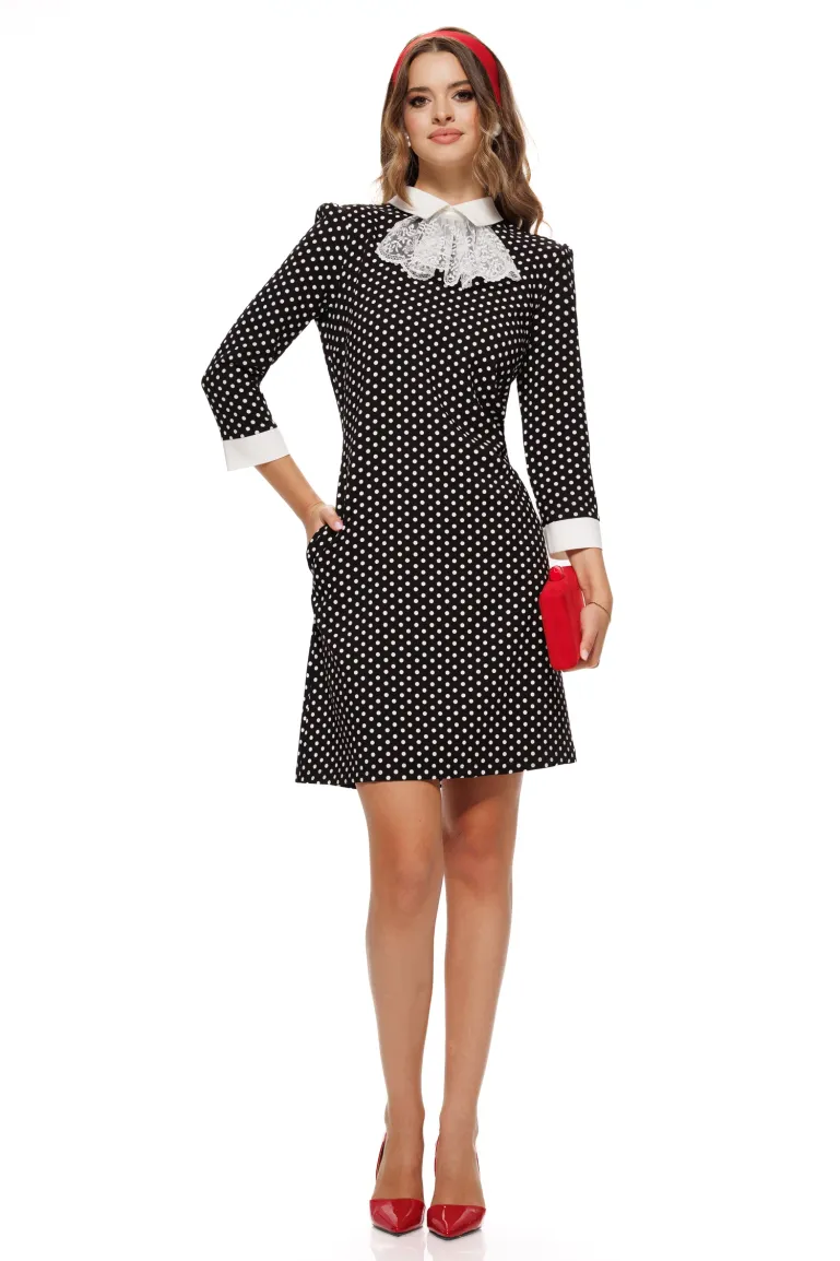 Rochie eleganta Fofy croi in A cu imprimeu buline cu guler alb si  jabou din dantela picture - 3