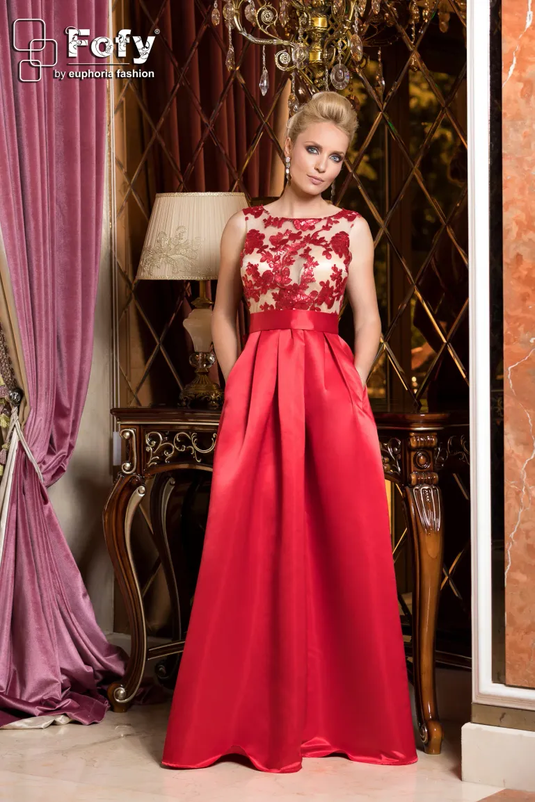 Rochie Fofy de ocazie lunga rosie cu spate gol si bust din tull cu paiete picture - 2