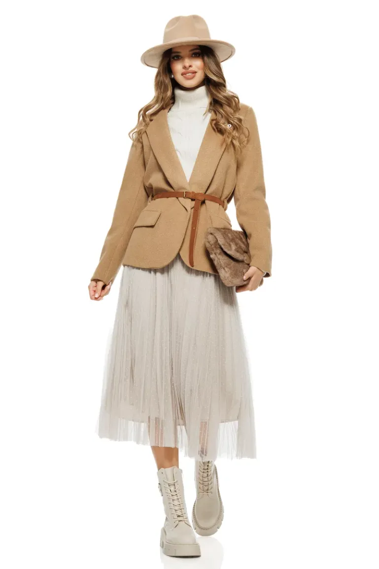 Sacou dama elegant din stofa supersoft bej cu accesorii aurii si curea picture - 3