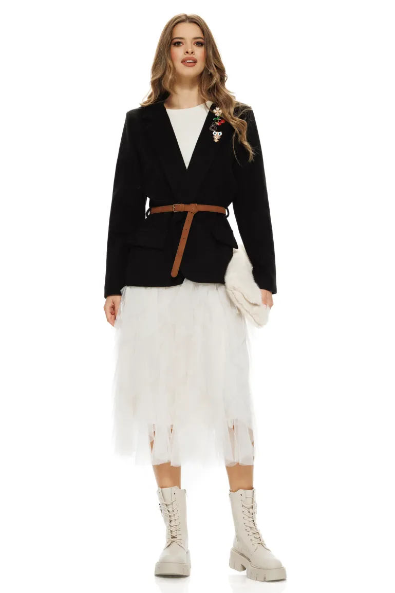 Sacou dama elegant negru din stofa supersoft cu accesorii aurii si curea picture - 3