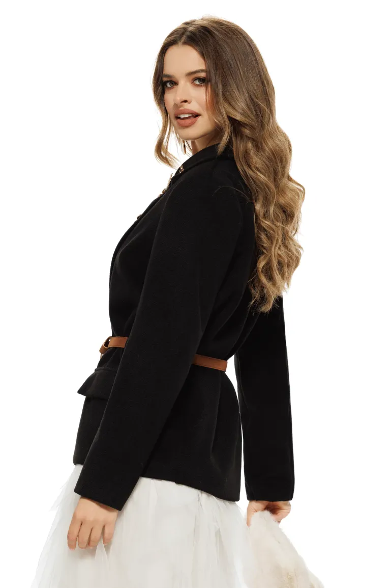 Sacou dama elegant negru din stofa supersoft cu accesorii aurii si curea picture - 4