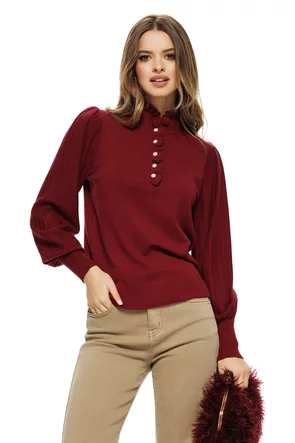 Pulover dama bordo cu masete late volanase si nasturi cu perlute