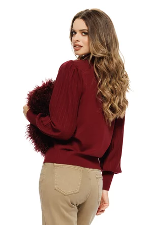 Pulover dama bordo cu masete late volanase si nasturi cu perlute