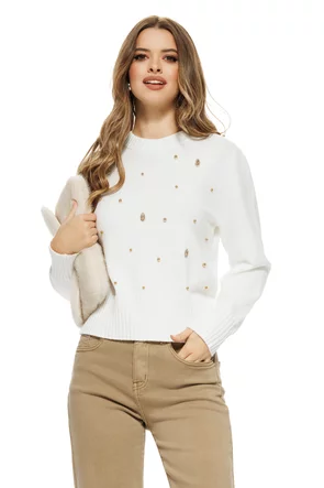 Pulover dama elegant alb din casmir bumbac si lana cu aplicatii de cristale si perlute aurii