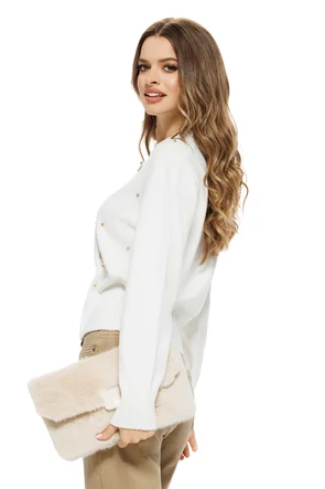 Pulover dama elegant alb din casmir bumbac si lana cu aplicatii de cristale si perlute aurii