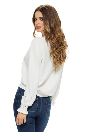 Pulover dama elegant alb din casmir bumbac si lana cu perlute si cristale in zona colierului si a mansetelor