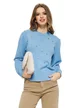 Pulover dama elegant albastru ciel din casmir bumbac si lana cu aplicatii de cristale si perlute aurii