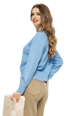 Pulover dama elegant albastru ciel din casmir bumbac si lana cu aplicatii de cristale si perlute aurii