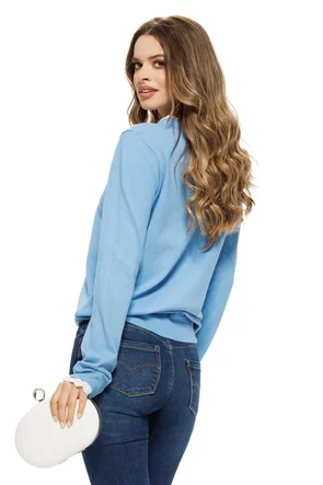 Pulover dama elegant albastru ciel premium din casmir bumbac si volanase de dantela alba