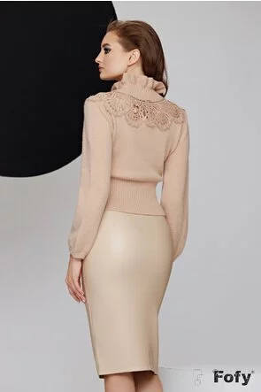 Pulover dama elegant bej cu aplicatie de broderie premium