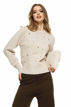 Pulover dama elegant bej din casmir bumbac si lana cu aplicatii de cristale si perlute aurii
