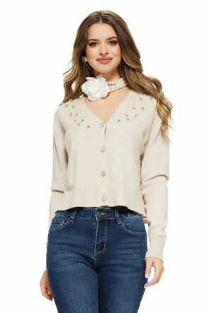 Pulover dama elegant bej stil jacheta cu nasturi cristal si aplicatii de perle si strasuri