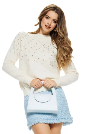 Pulover dama elegant crem cu aplicatii de perle si strasuri