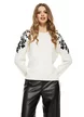 Pulover dama elegant crem cu cu broderie neagra aplicata pe umeri