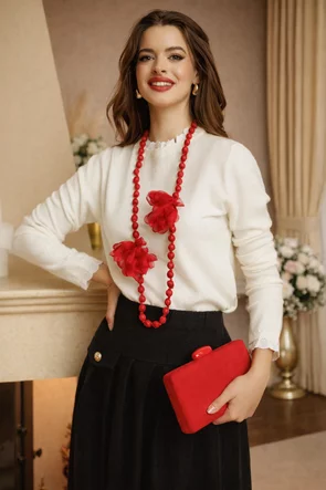 Pulover dama elegant crem premium din casmir bumbac si volanase de dantela alba