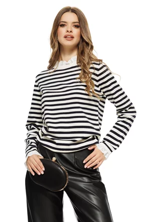 Pulover dama elegant din casmir bumbac si lana cu dungi crem cu negru volanase de dantela alba