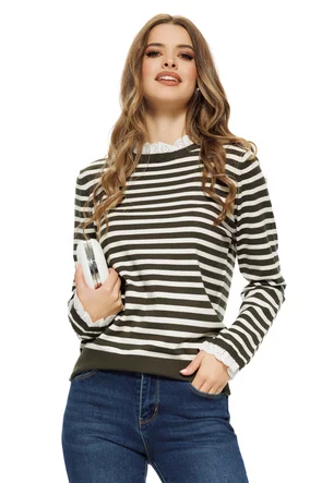 Pulover dama elegant din casmir bumbac si lana cu dungi kaki volanase de dantela alba