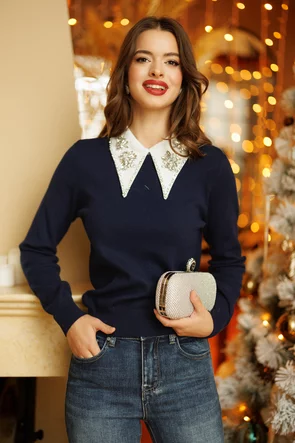 Pulover dama elegant din tricot premium bleumarin cu guler maxi alb si cristale