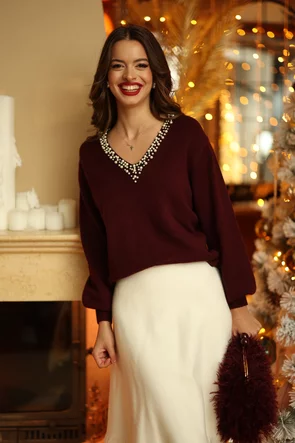Pulover dama elegant din tricot premium bordo cu anchior conturat cu perle