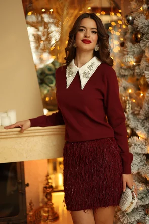 Pulover dama elegant din tricot premium bordo cu guler maxi alb si cristale