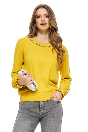 Pulover dama elegant galben din casmir bumbac si lana cu perlute si cristale in zona colierului si a mansetelor