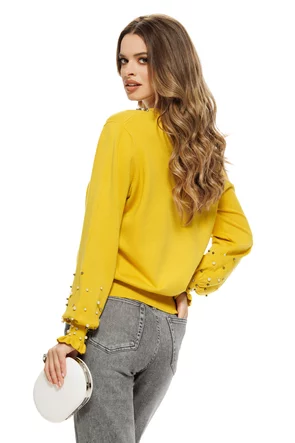 Pulover dama elegant galben din casmir bumbac si lana cu perlute si cristale in zona colierului si a mansetelor