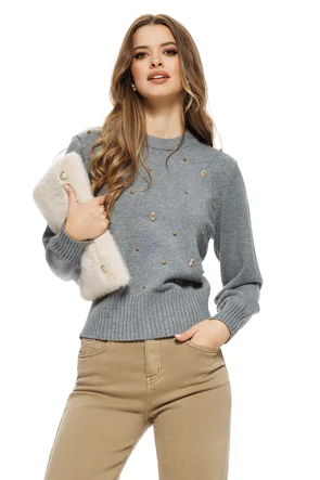 Pulover dama elegant gri din casmir bumbac si lana cu aplicatii de cristale si perlute aurii