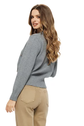 Pulover dama elegant gri din casmir bumbac si lana cu aplicatii de cristale si perlute aurii