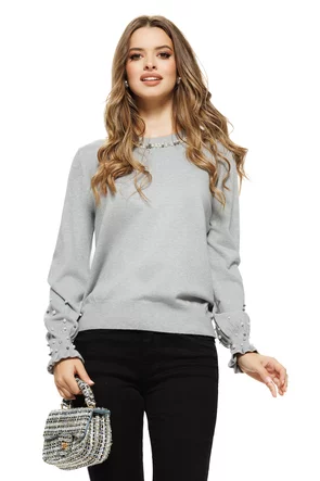 Pulover dama elegant gri din casmir bumbac si lana cu perlute si cristale in zona colierului si a mansetelor