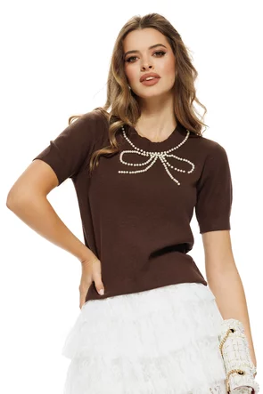 Pulover dama elegant maro cu fundita de perle la decolteu