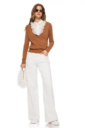 Pulover dama elegant mocca mouse cu decolteu petrecut tricot supersoft