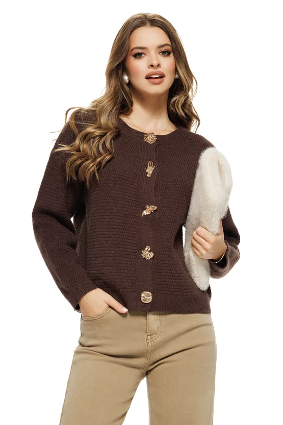 Cardigan tricotat mocca mouse cu nasturi aurii decorativi