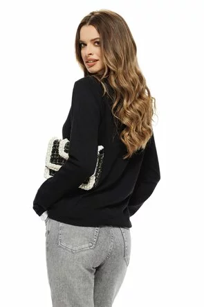 Pulover dama elegant negru premium din casmir bumbac si volanase de dantela alba