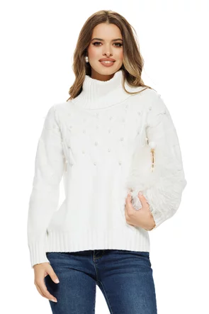 Pulover dama elegant premium alb cu guler amplu si torsade cu perle