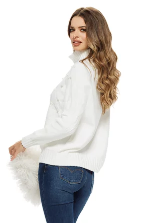 Pulover dama elegant premium alb cu guler amplu si torsade cu perle