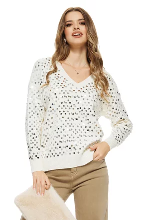 Pulover dama elegant premium crem cu anchior si paiete argintii
